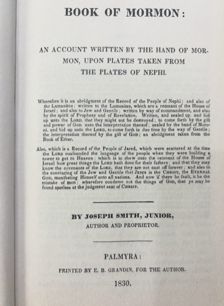 Title page of the 1830 first edition of the Book of Mormon, printed by E. B. Grandin at Palmyra