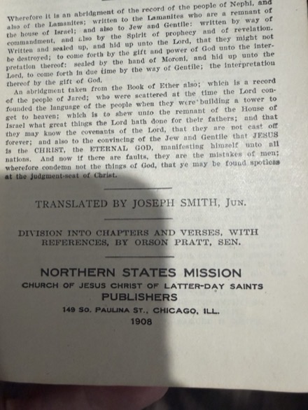 Title-page verso of the 1908 Northern States Mission edition of the Book of Mormon